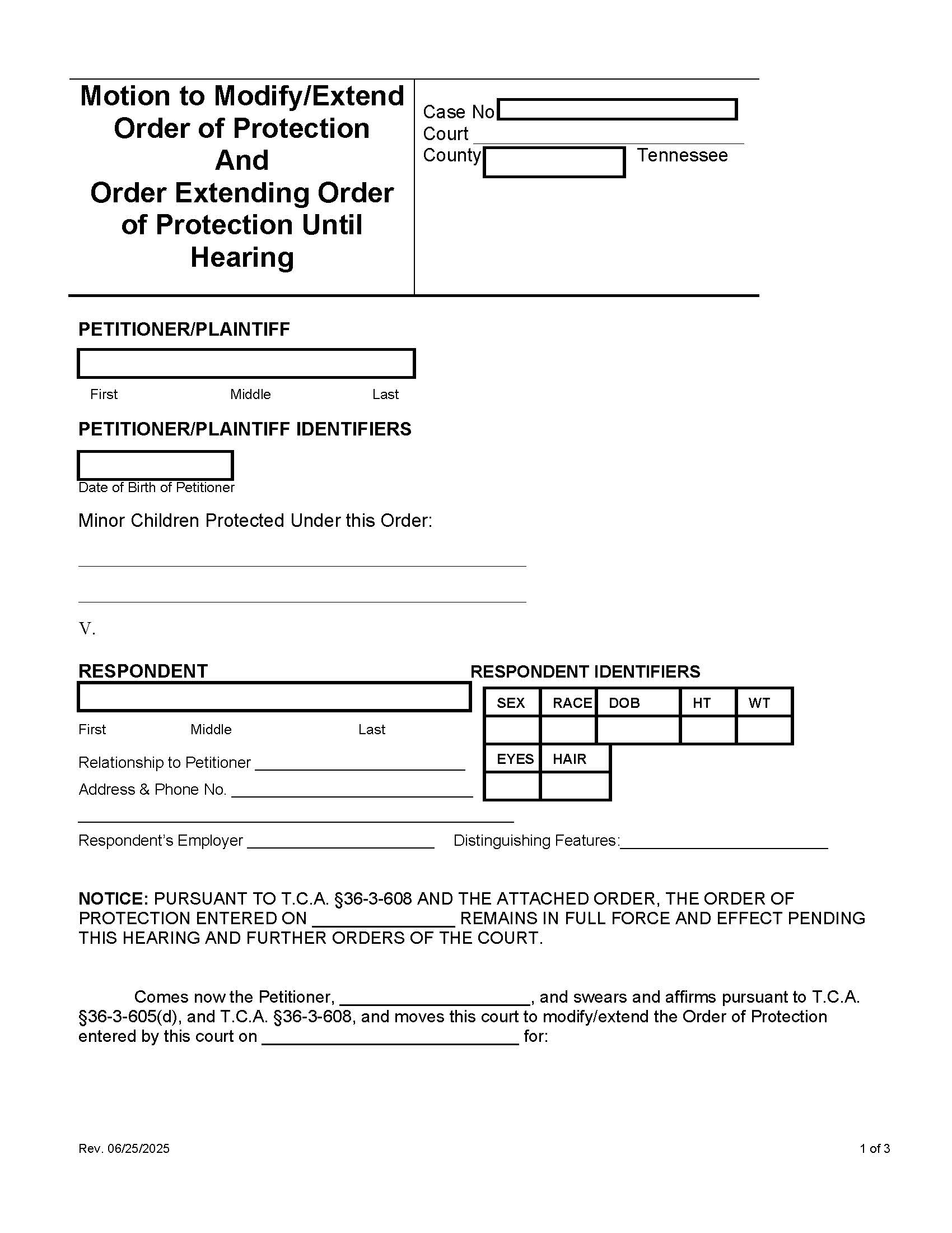Motion And Order To Modify-Extend Order Of Protection Until Hearing {OP2018-2} | Pdf Fpdf Doc Docx | Tennessee