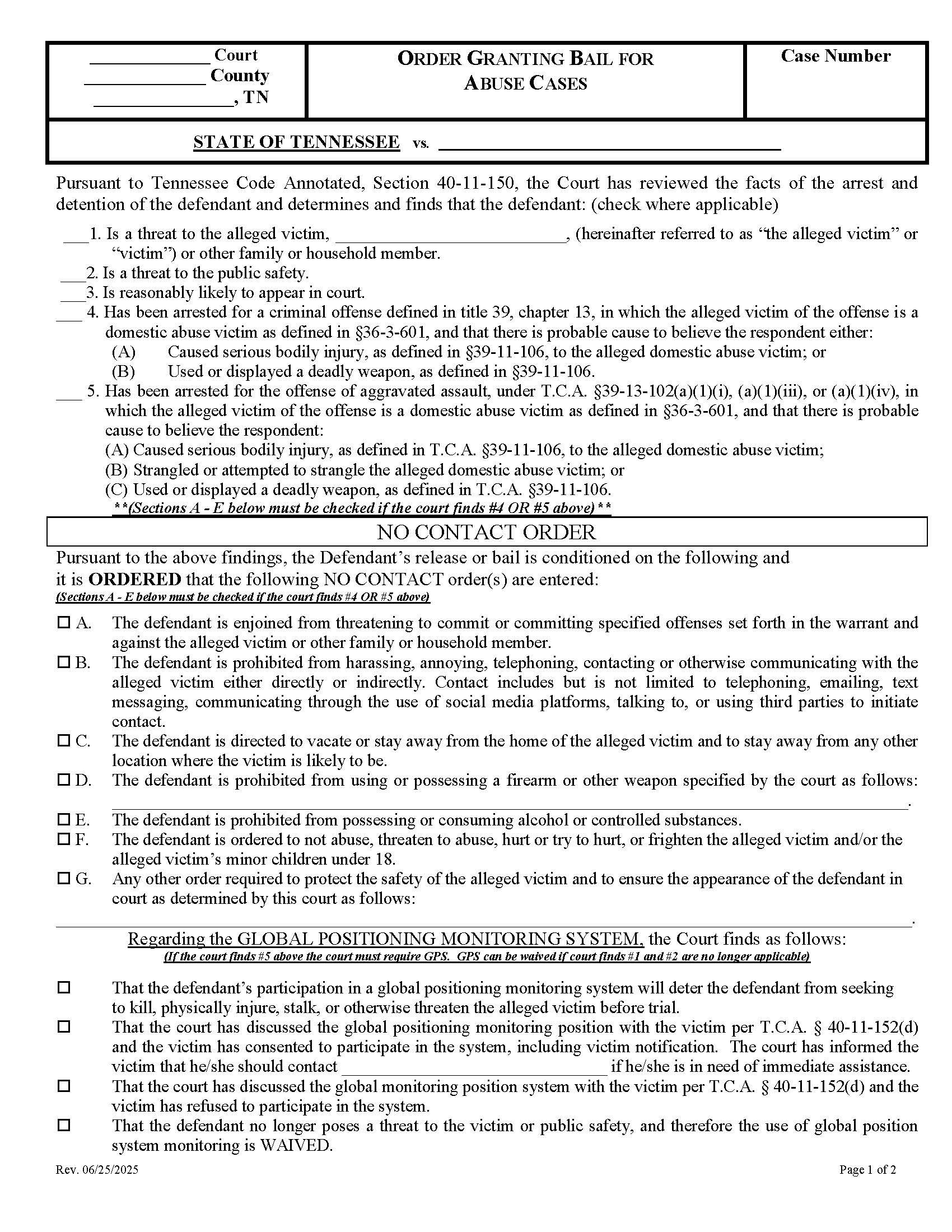 Order Granting Bail For Abuse Cases {OP2022-1} | Pdf Fpdf Docx | Tennessee