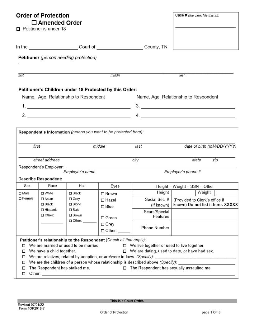 Order Of Protection {OP2018-7} | Pdf Fpdf Docx | Tennessee