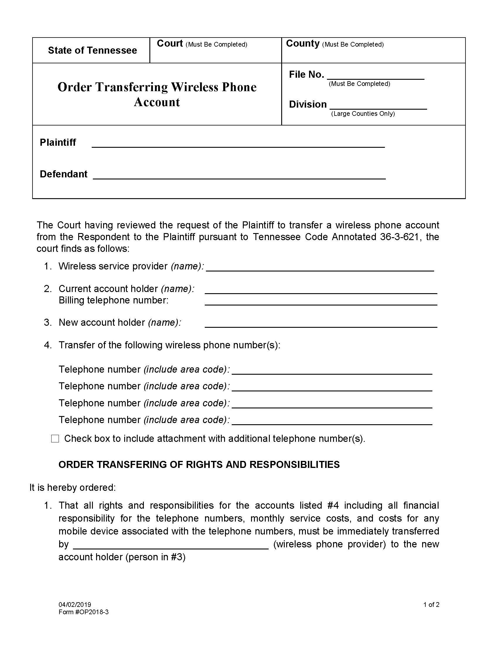 Order Transferring Wireless Phone Account {OP2018-3} | Pdf Fpdf Docx | Tennessee