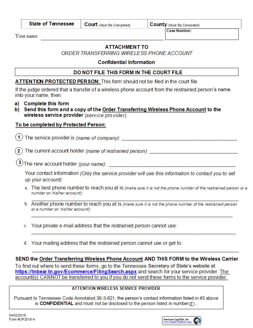 Order Transferring Wireless Phone Account (Attachment) {OP2018-4} | Pdf Fpdf Docx | Tennessee