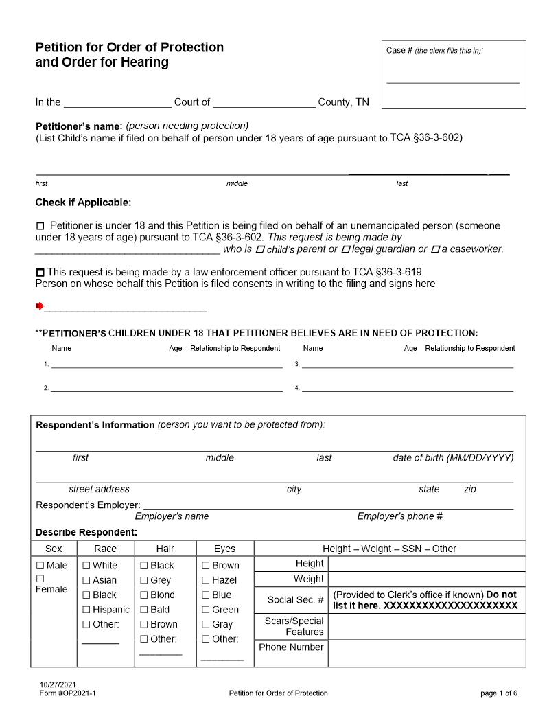 Petition For Lifetime Order Of Protection {LOP2021-1} | Pdf Fpdf Docx | Tennessee