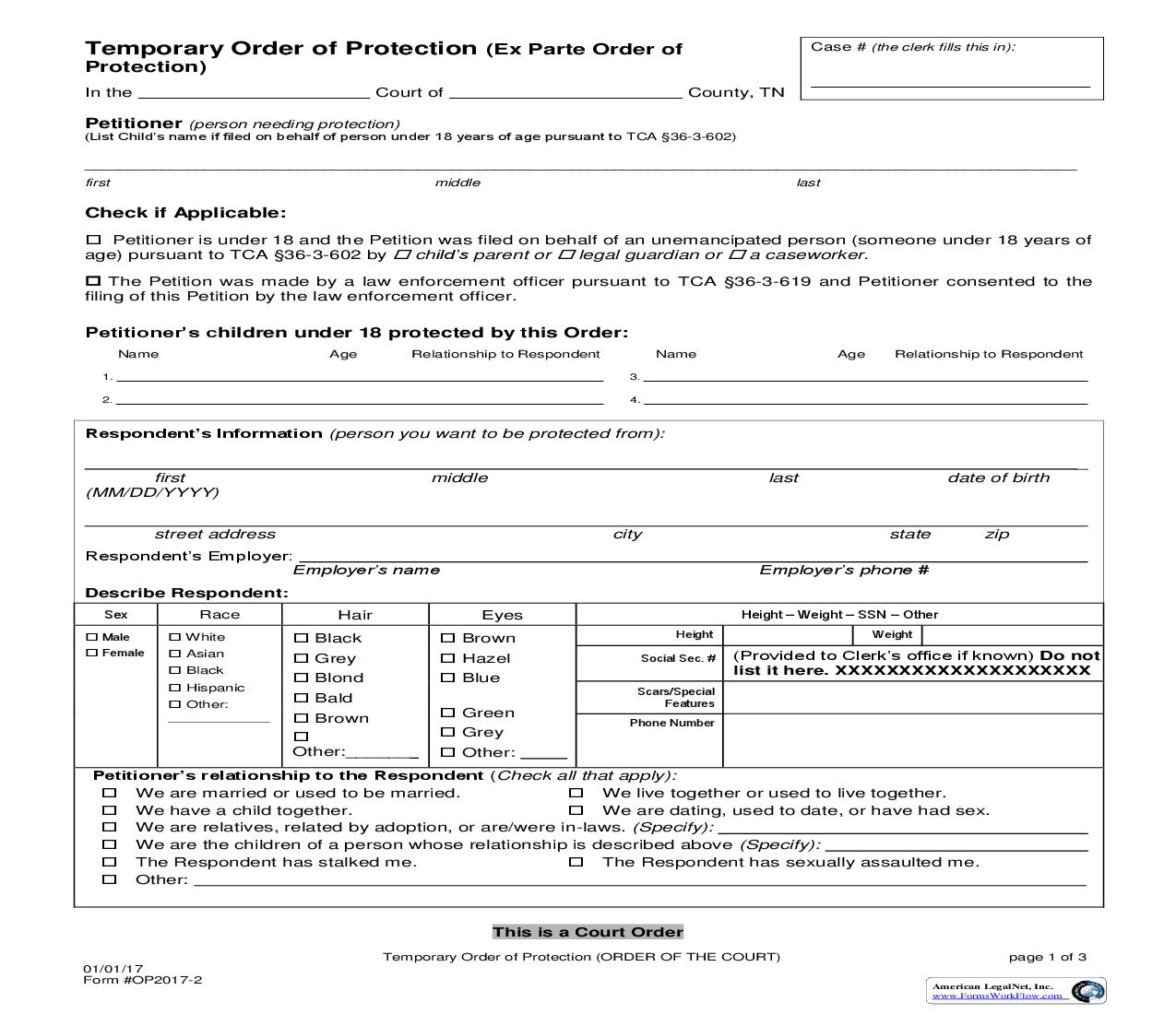 Temporary Order Of Protection (Ex Parte Order Of Protection) | Pdf Fpdf Doc Docx | Tennessee