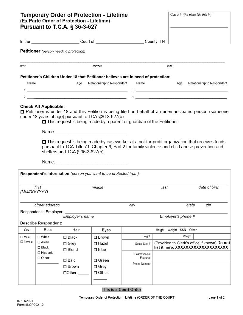 Temporary Order Of Protection - Lifetime {LOP2021-2} | Pdf Fpdf Docx | Tennessee