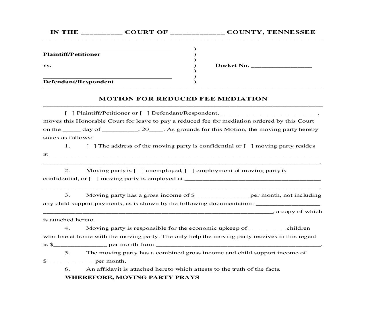 Motion For Reduced Fee Mediation | Pdf Fpdf Doc Docx | Tennessee