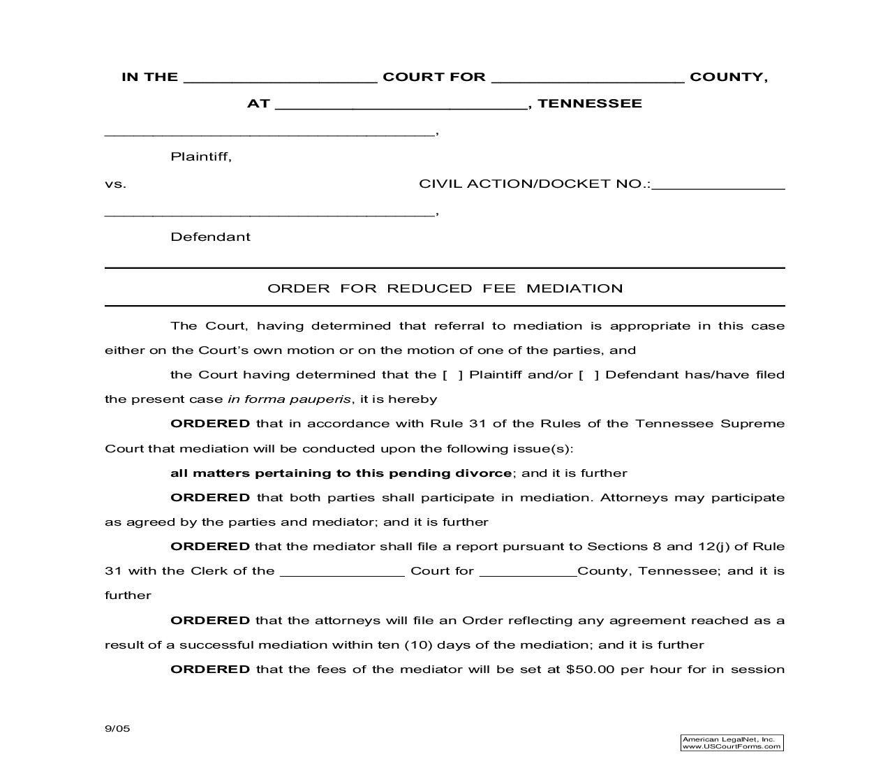Order For Reduced Fee Mediation | Pdf Fpdf Doc Docx | Tennessee