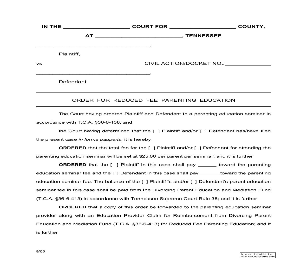 Order For Reduced Fee Parenting Education | Pdf Fpdf Doc Docx | Tennessee