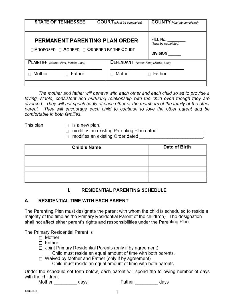 Permanent Parenting Plan Order | Pdf Fpdf Doc Docx | Tennessee