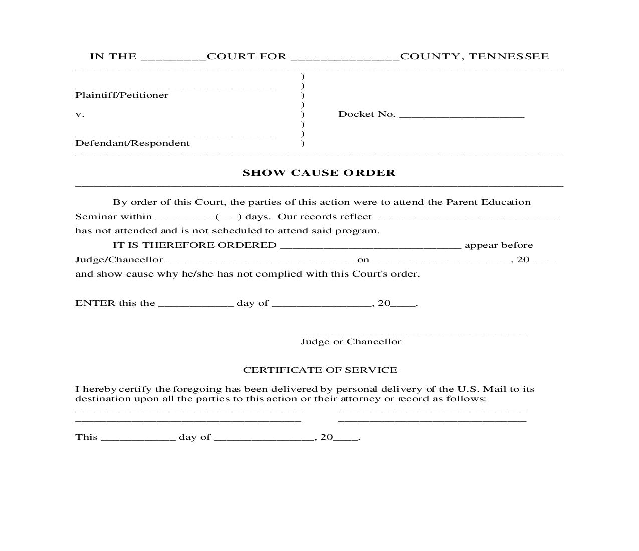 Show Cause Order (Failure Of Parties To Attend Parent Education Seminar) | Pdf Fpdf Doc Docx | Tennessee