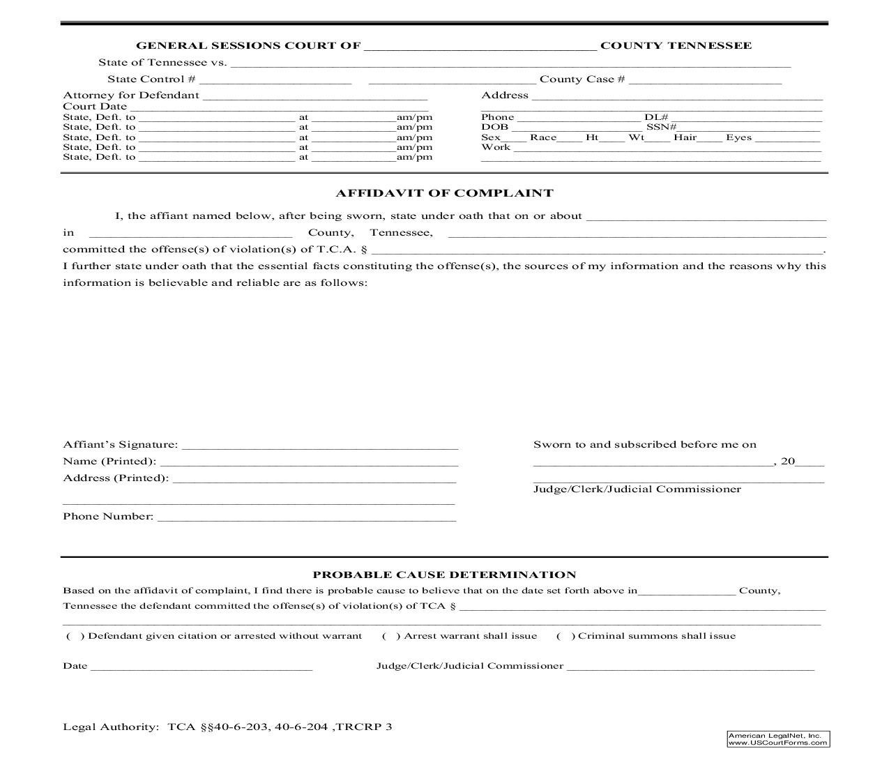 Affidavit Of Complaint (Criminal) | Pdf Fpdf Doc Docx | Tennessee