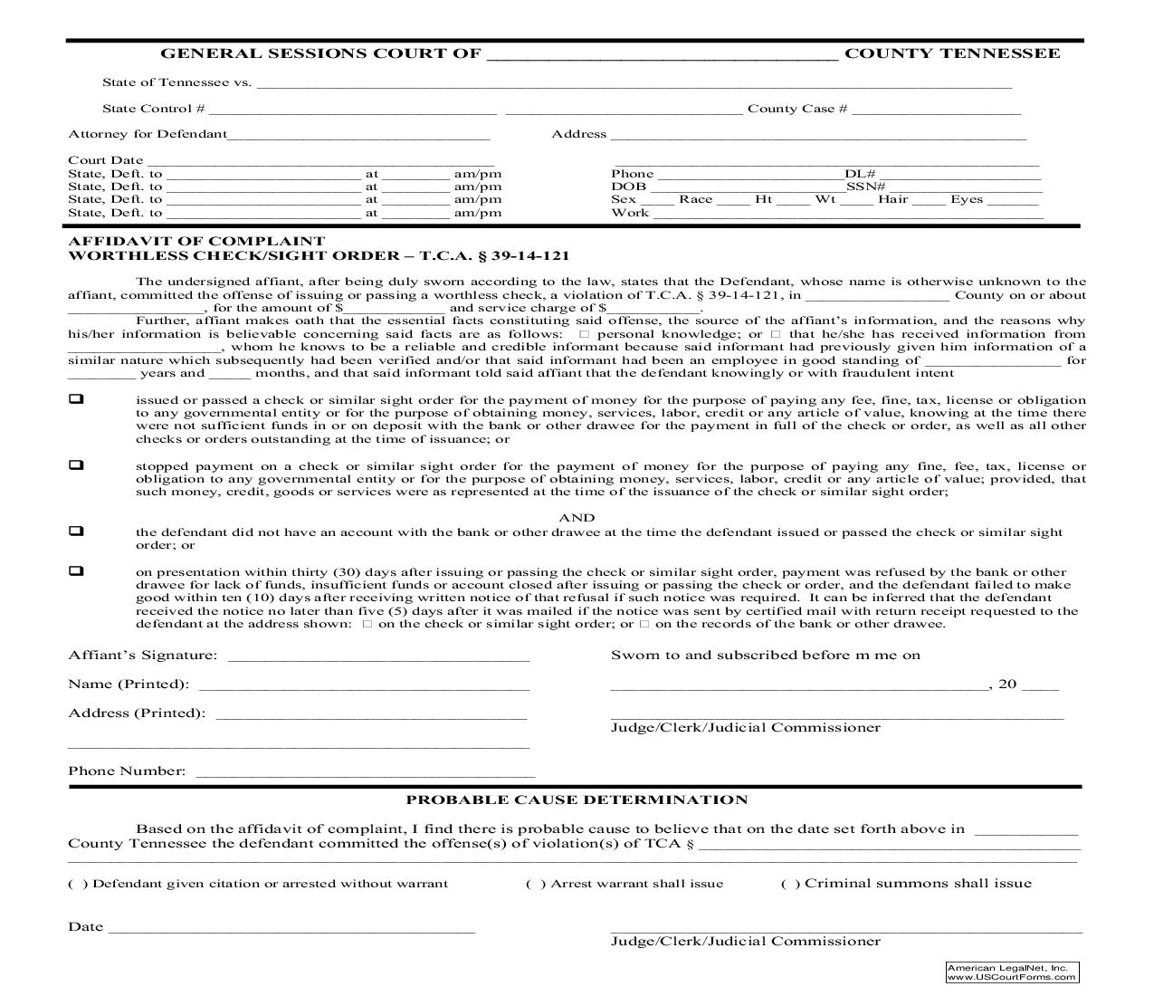 Affidavit Of Complaint Worthless Check (Criminal) | Pdf Fpdf Doc Docx | Tennessee