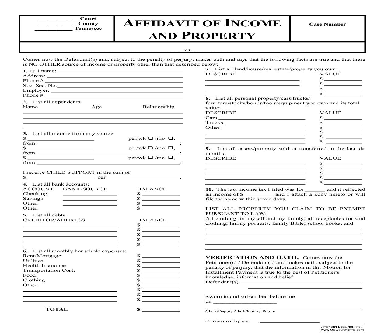 Affidavit Of Income And Property (One Page) | Pdf Fpdf Doc Docx | Tennessee