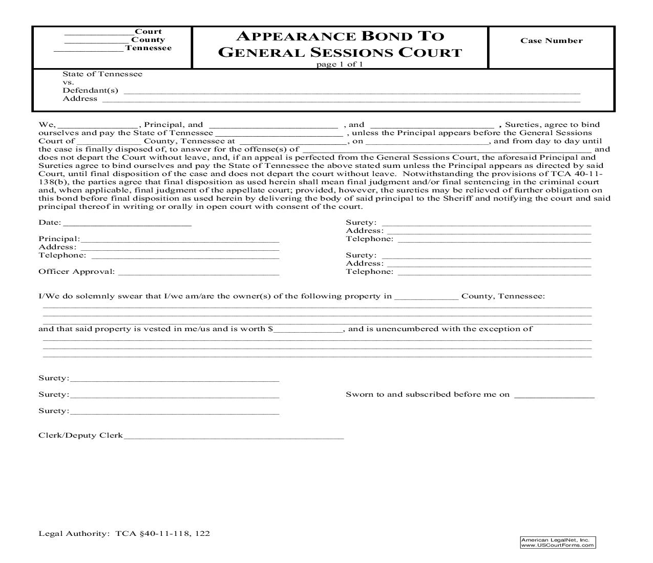 Appearance Bond To General Sessions Court | Pdf Fpdf Doc Docx | Tennessee