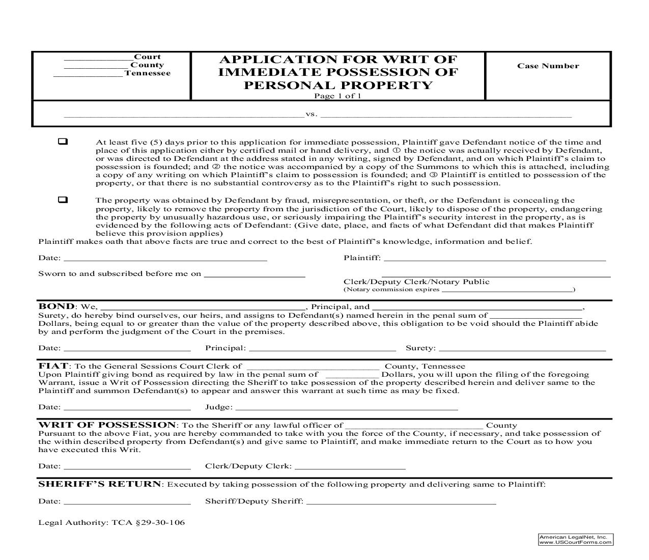 Application For Writ Of Immediate Possession Of Personal Property | Pdf Fpdf Doc Docx | Tennessee