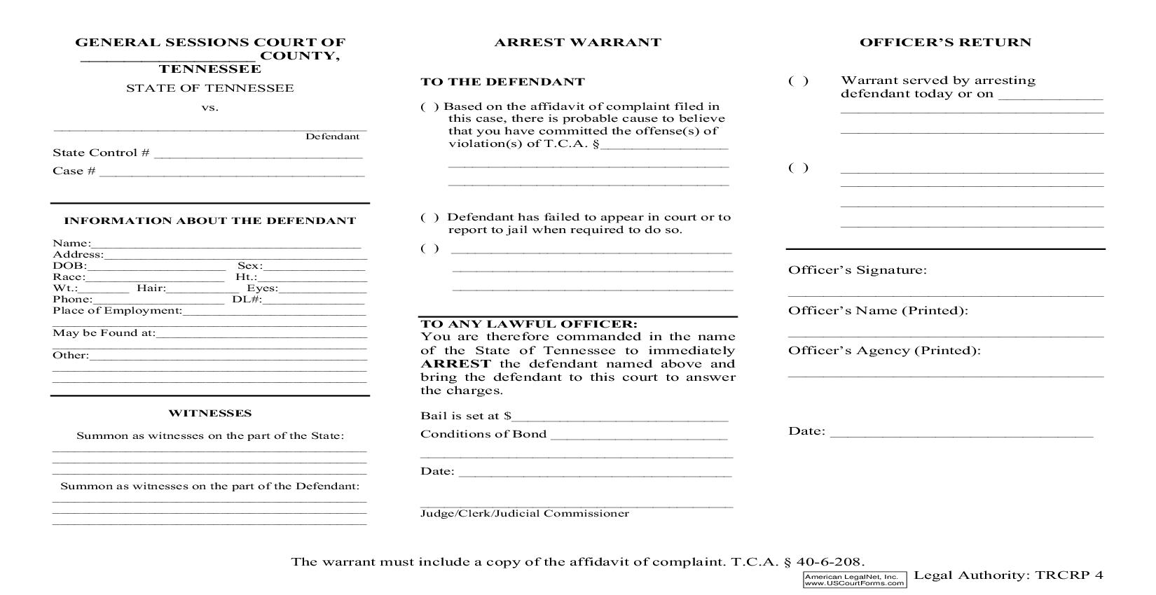 Arrest Warrant (Criminal) | Pdf Fpdf Doc Docx | Tennessee