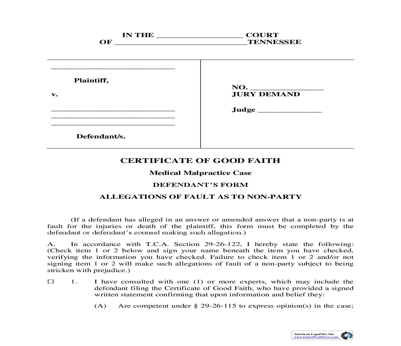 Certificate Of Good Faith Defendants Form | Pdf Fpdf Doc Docx | Tennessee