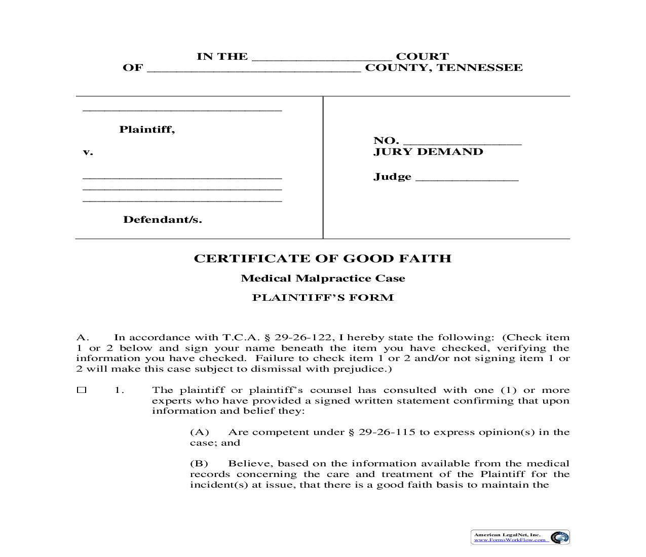 Certificate Of Good Faith Plaintiffs Form | Pdf Fpdf Doc Docx | Tennessee