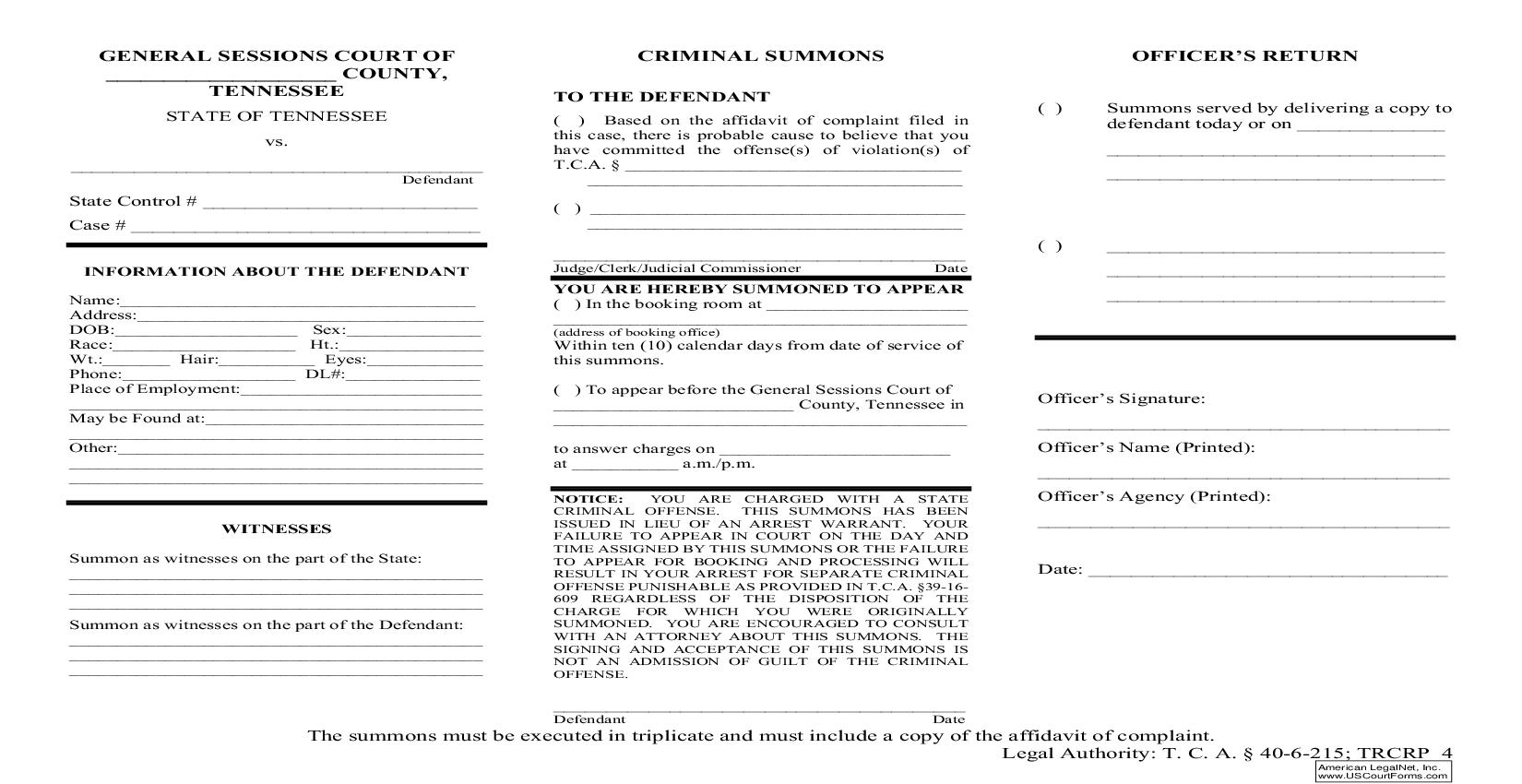 Criminal Summons | Pdf Fpdf Doc Docx | Tennessee