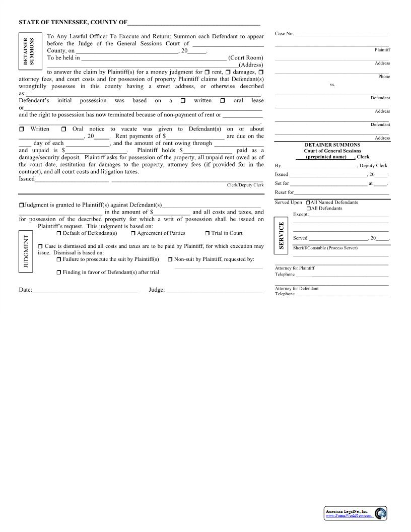 Detainer Summons (Civil) | Pdf Fpdf Docx | Tennessee