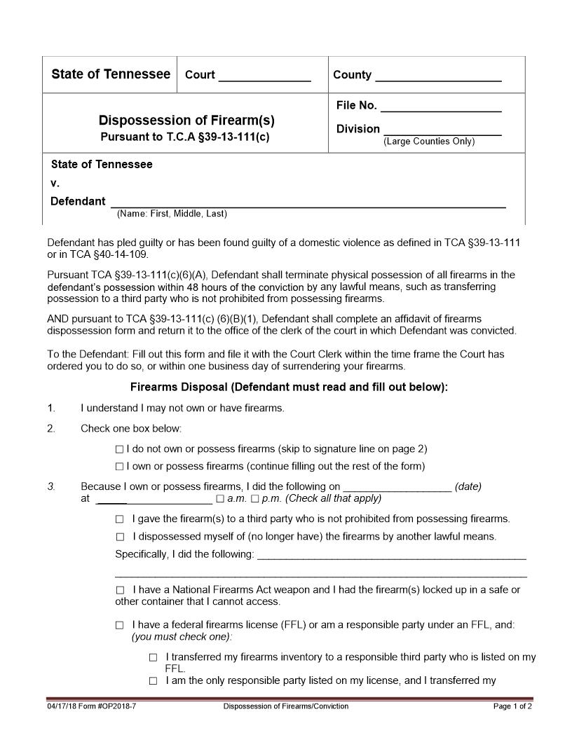 Dispossession Of Firearms {OP2018-7} | Pdf Fpdf Docx | Tennessee