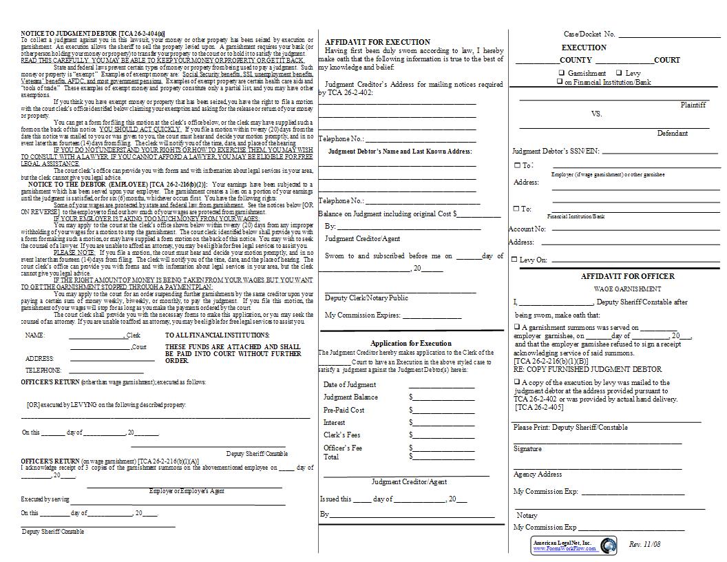 Execution Garnishment | Pdf Fpdf Docx | Tennessee