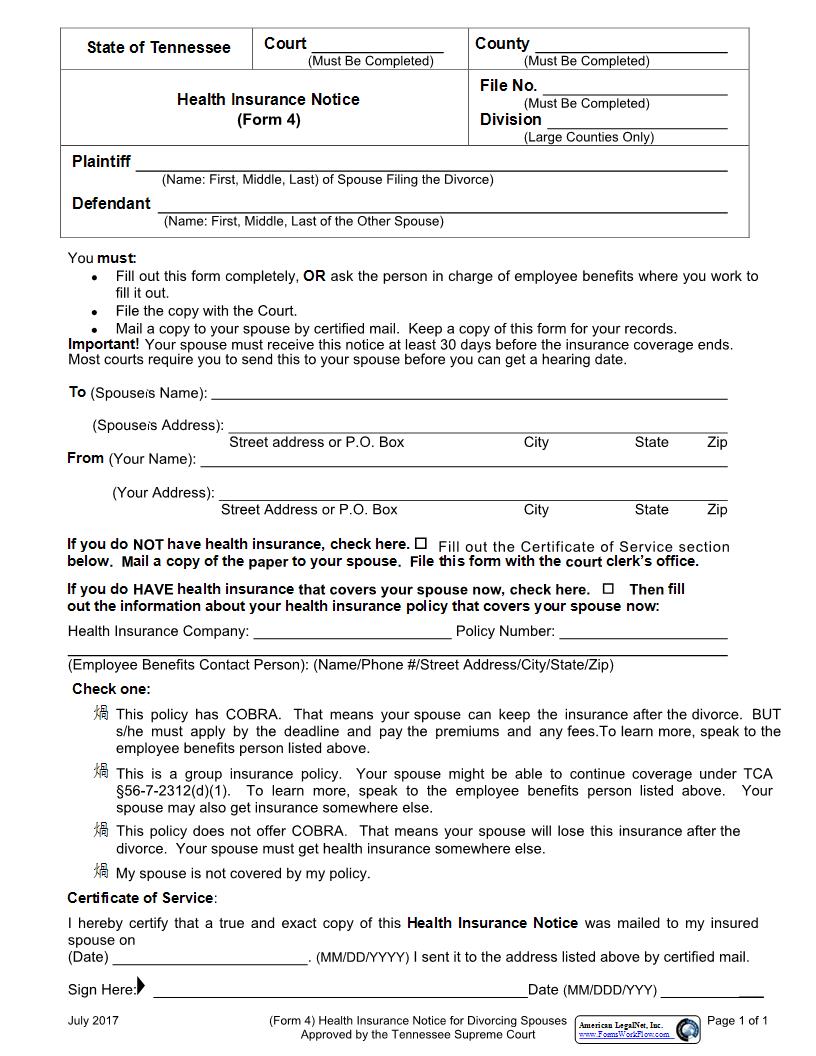 Health Insurance Notice {Form 4} | Pdf Fpdf Docx | Tennessee
