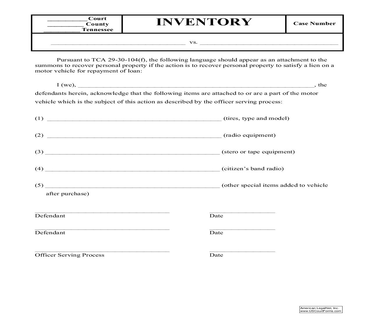 Inventory To Be Included With Summons To Recover Personal Property If Property Is Automobile | Pdf Fpdf Doc Docx | Tennessee
