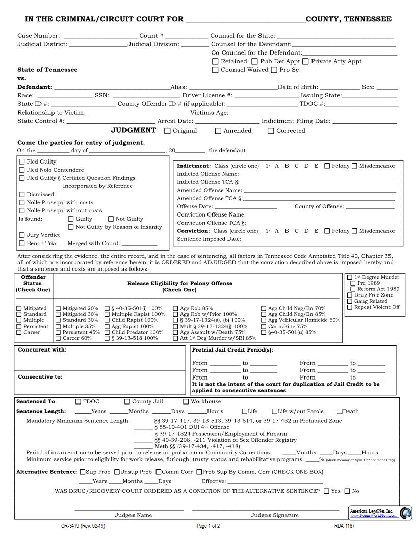 Judgment (Letter Size) {CR-3419} | Pdf Fpdf Docx | Tennessee