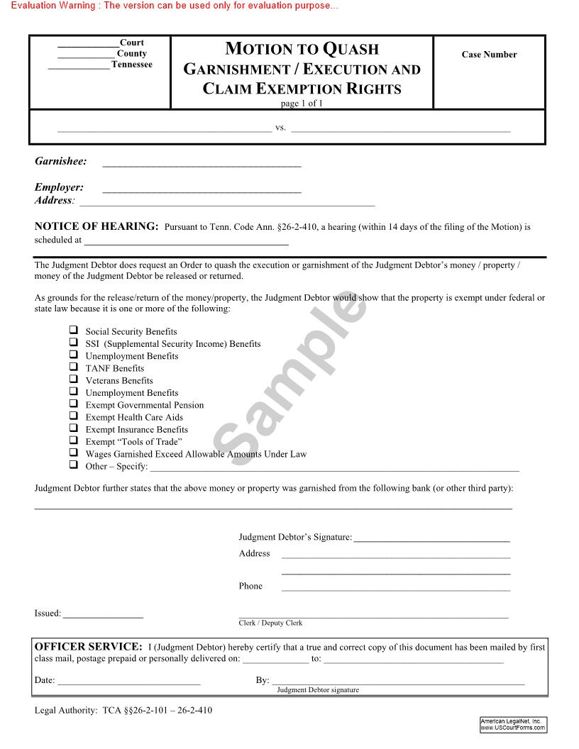 Motion To Quash Garnishment Or Execution And Claim Exemption Rights | Pdf Fpdf Doc Docx | Tennessee