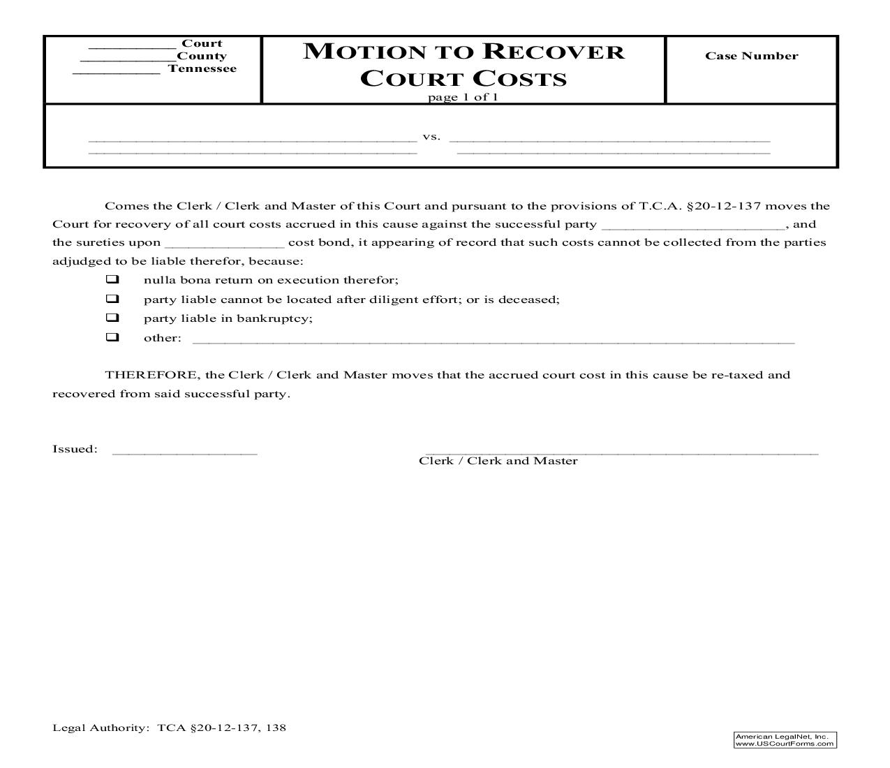 Motion To Recover Court Costs | Pdf Fpdf Doc Docx | Tennessee