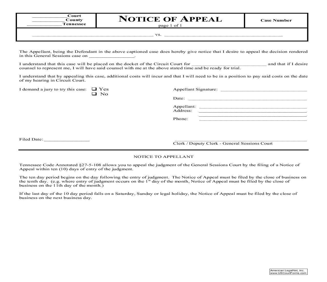 Notice Of Appeal | Pdf Fpdf Doc Docx | Tennessee