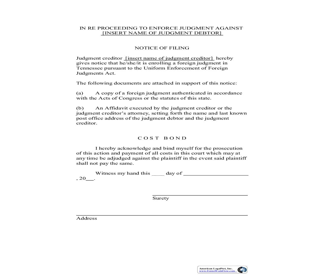 Notice Of Filing Foreign Judgment | Pdf Fpdf Doc Docx | Tennessee