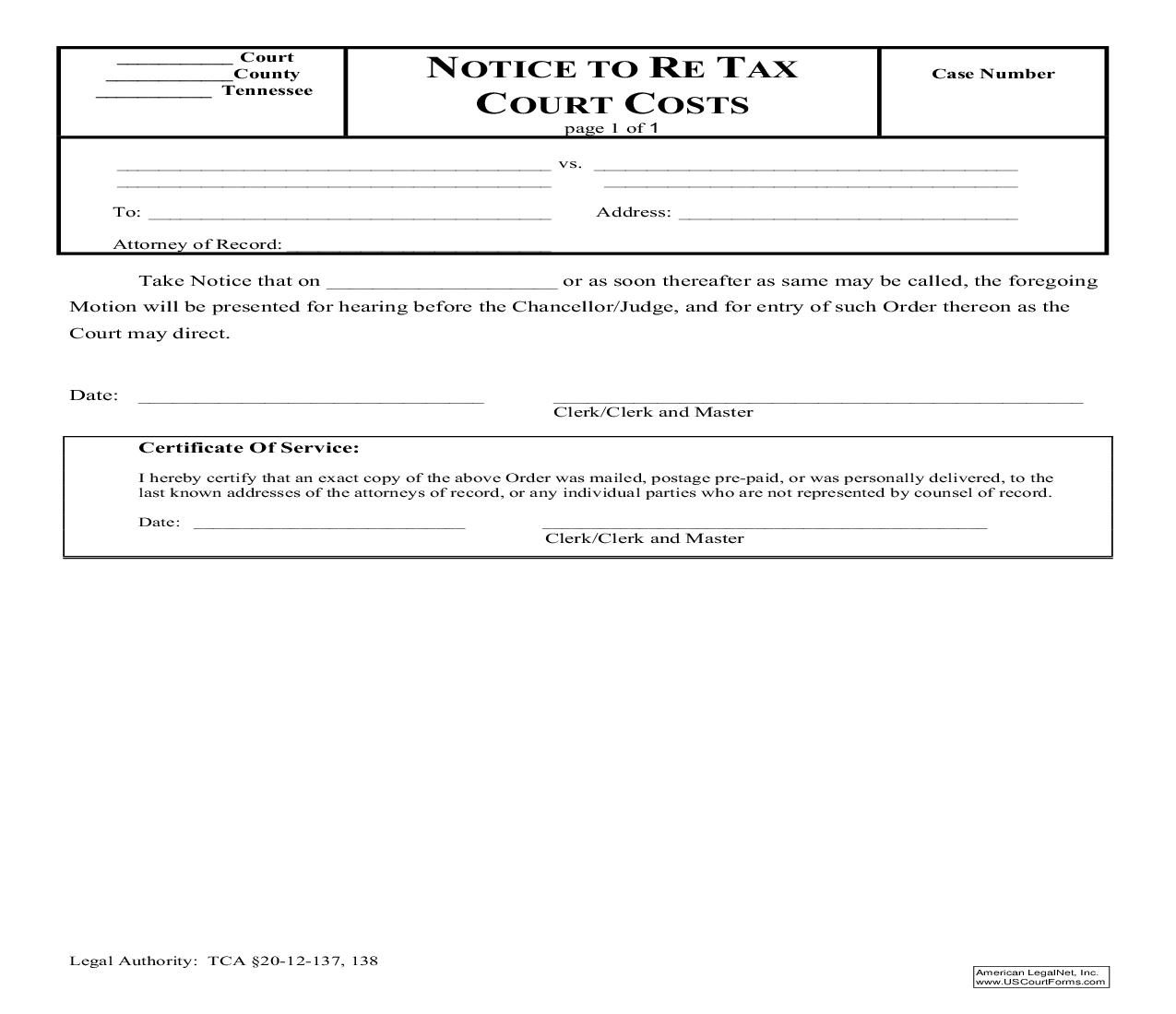 Notice To Re-Tax Court Costs | Pdf Fpdf Doc Docx | Tennessee