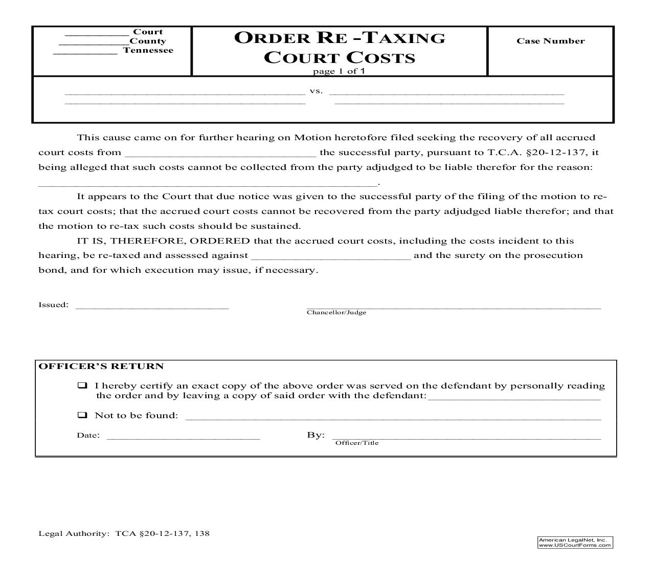 Order Re-Taxing Court Costs | Pdf Fpdf Doc Docx | Tennessee