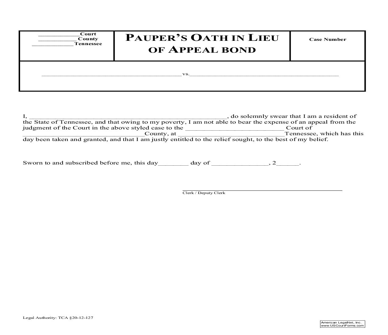 Paupers Oath In Lieu Of Appeal Bond | Pdf Fpdf Doc Docx | Tennessee