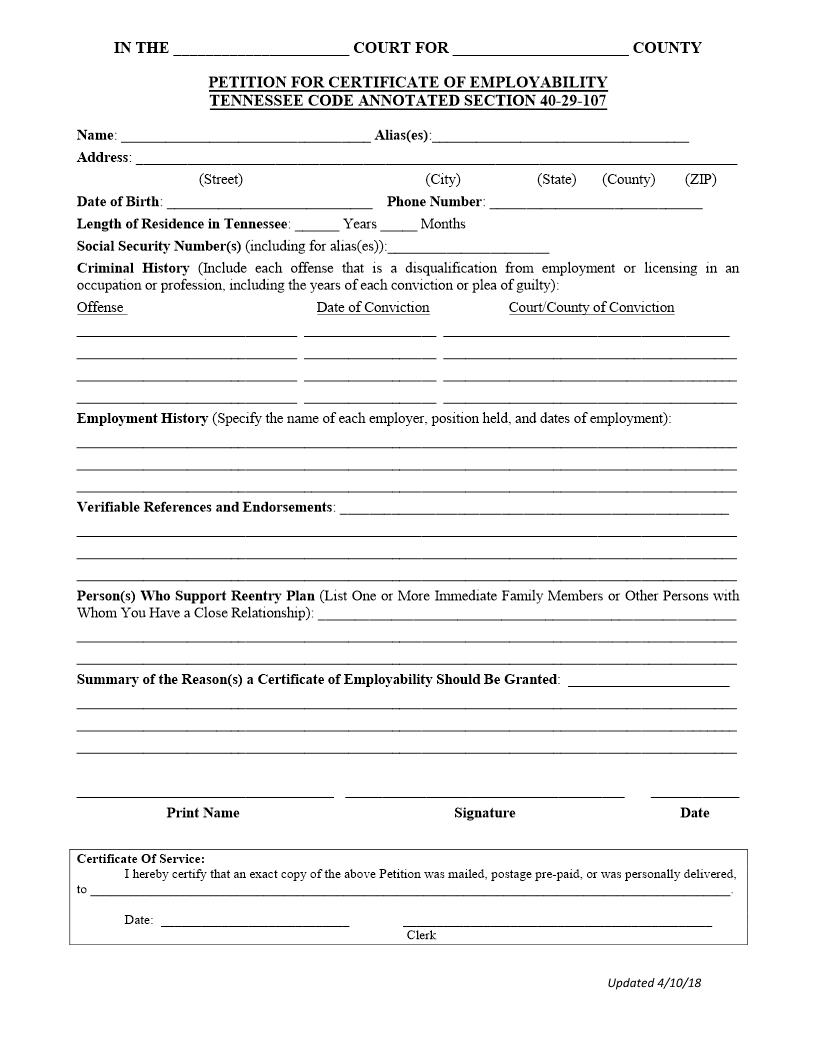 Petition For Certificate Of Employability | Pdf Fpdf Docx | Tennessee