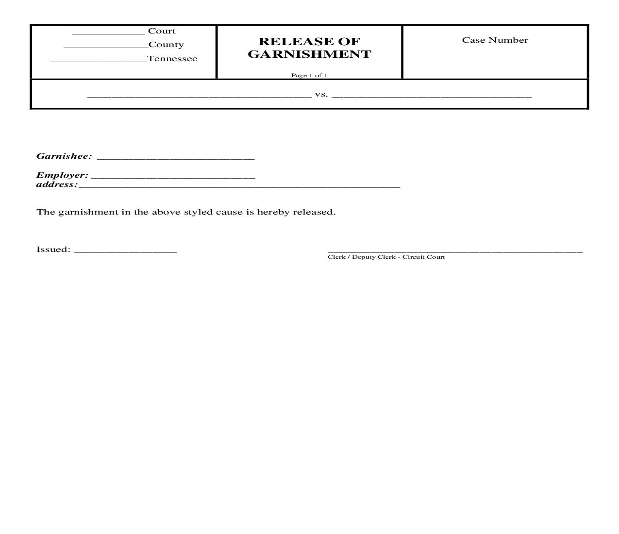 Release Of Garnishment | Pdf Fpdf Doc Docx | Tennessee