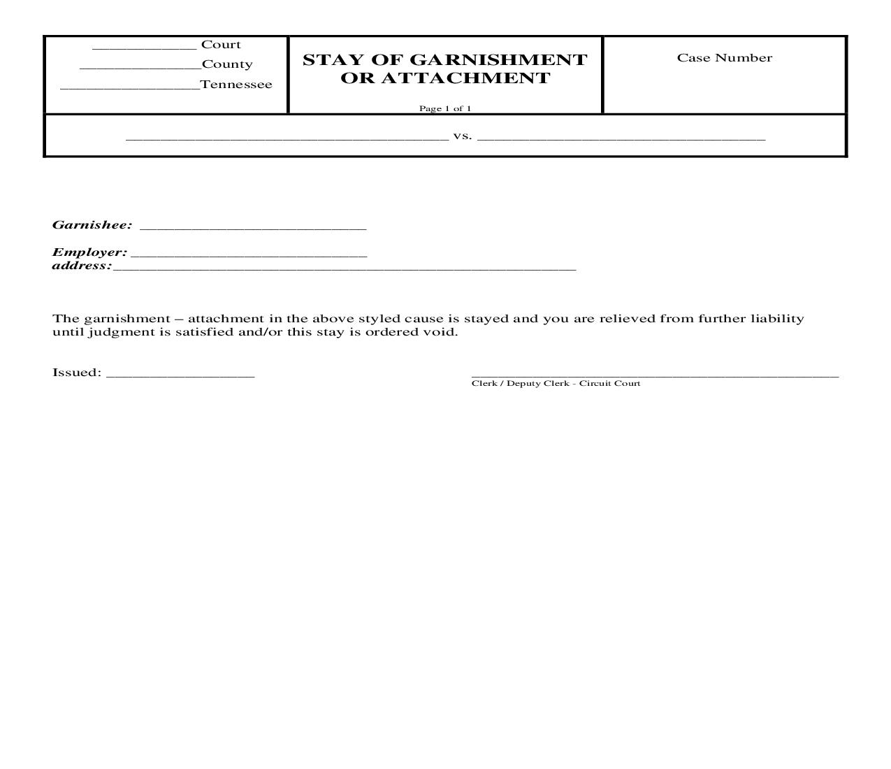 Stay Of Garnishment Or Attachment | Pdf Fpdf Doc Docx | Tennessee