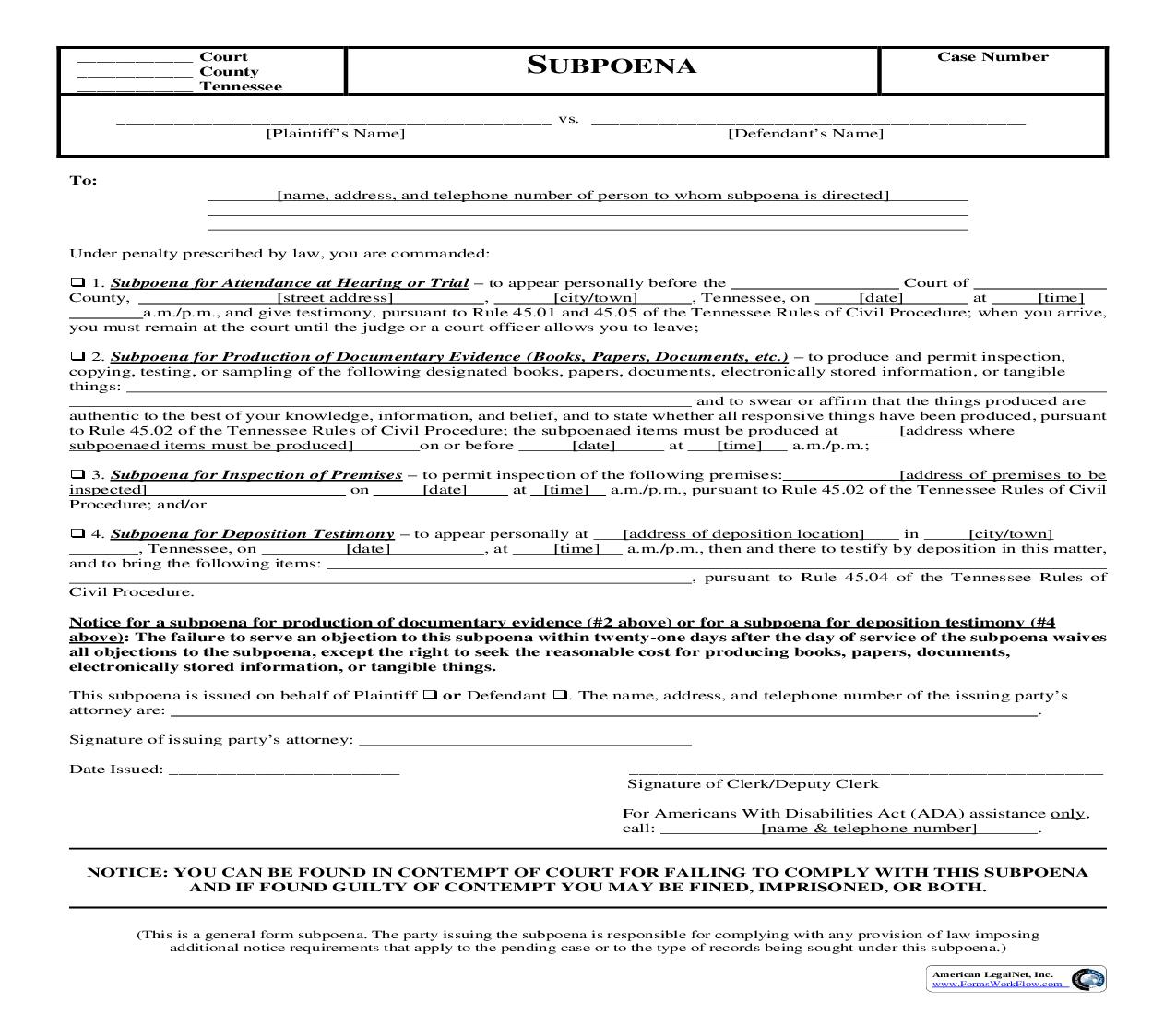 Subpoena | Pdf Fpdf Doc Docx | Tennessee