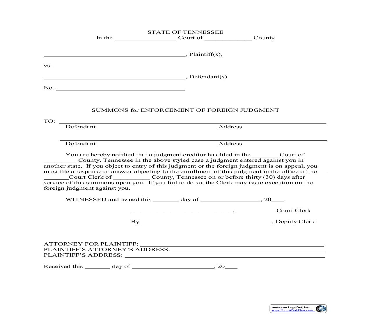 Summons For Enforcement Of Foreign Judgment | Pdf Fpdf Doc Docx | Tennessee