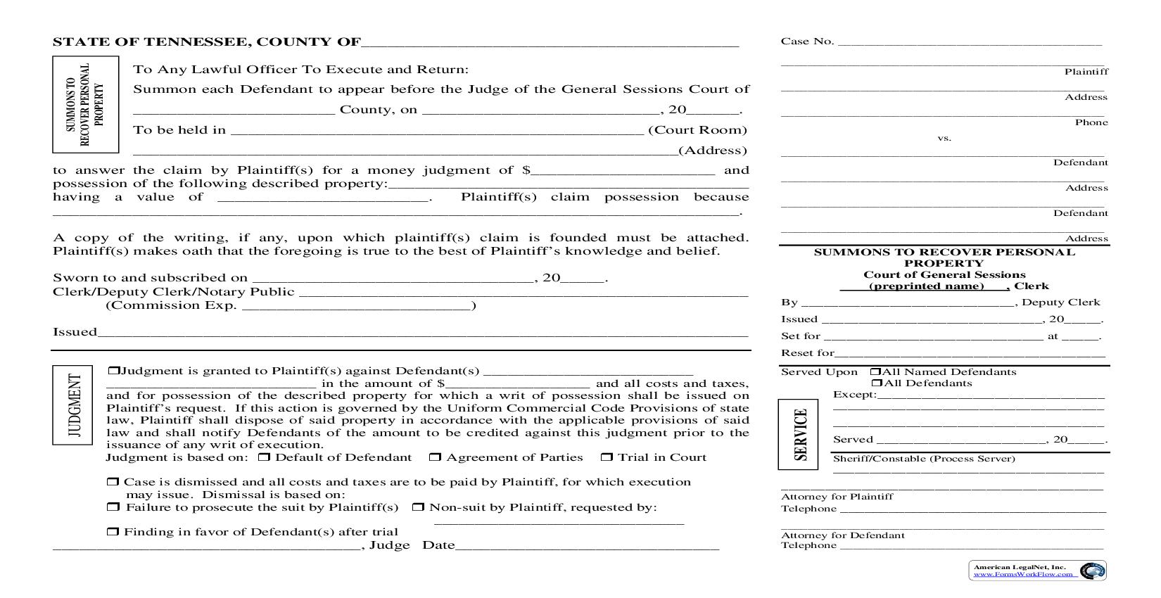 Summons To Recover Personal Property (Civil) | Pdf Fpdf Doc Docx | Tennessee