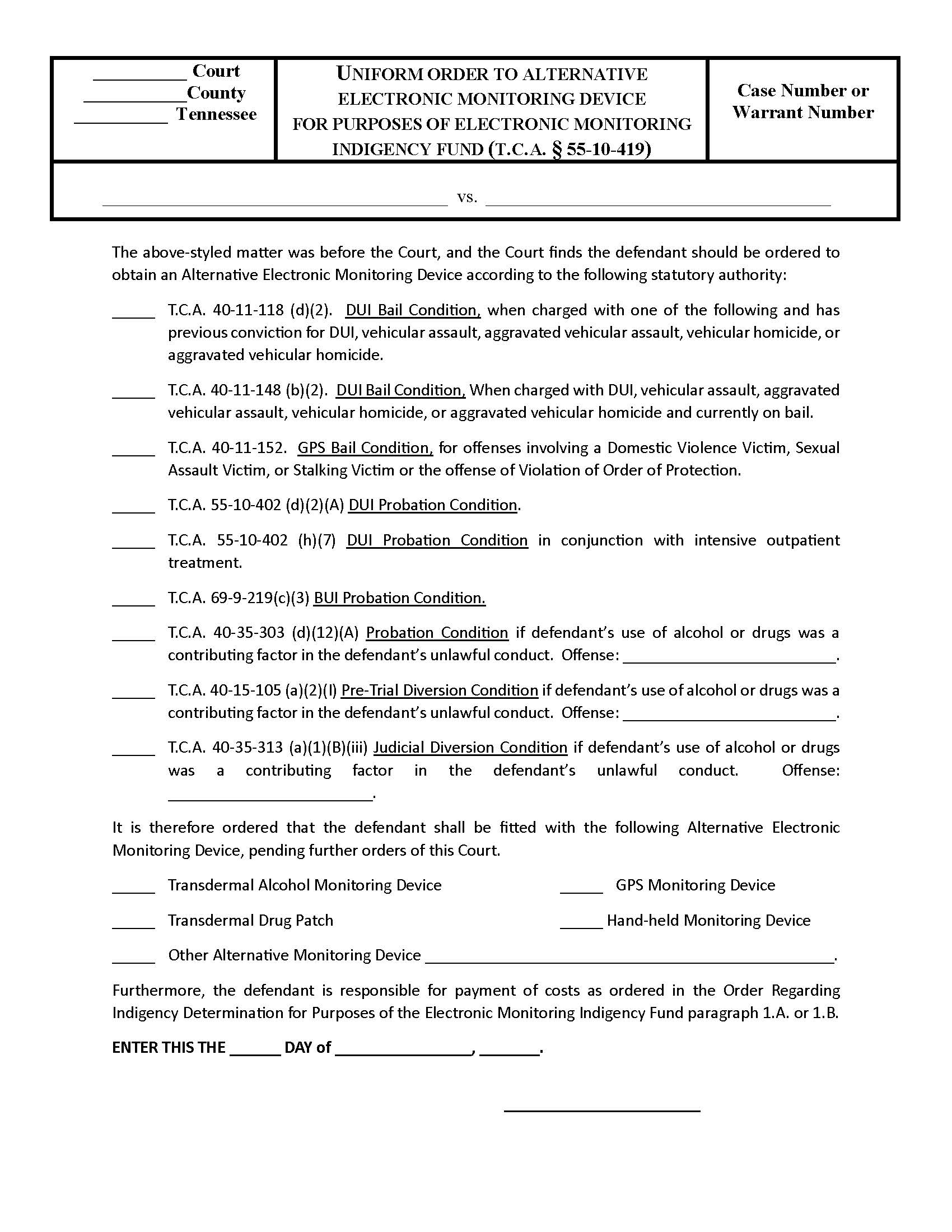 Uniform Affidavit Of Indigency Electronic Monitoring | Pdf Fpdf Docx | Tennessee