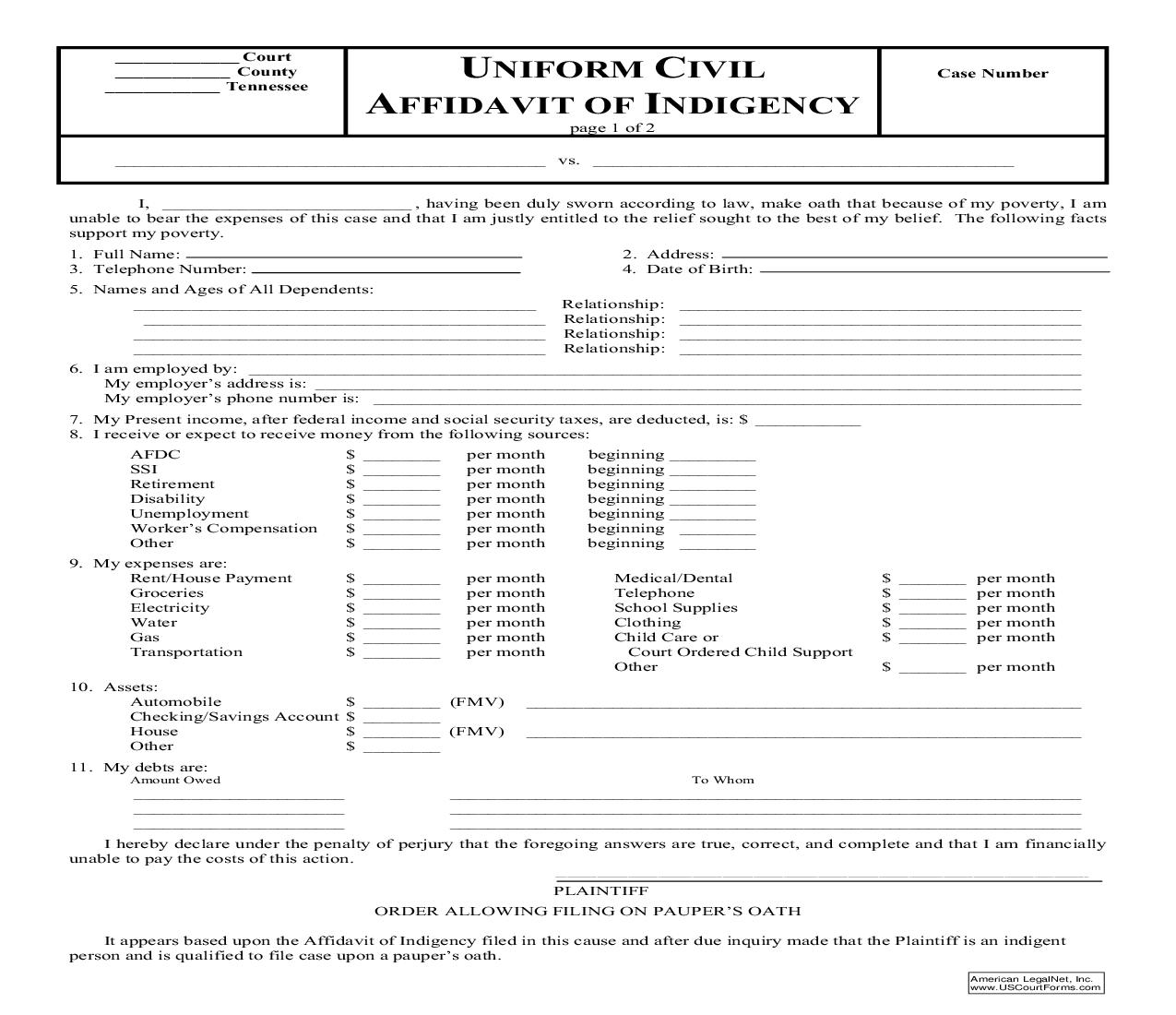 Uniform Civil Affidavit Of Indigency Rule 29 | Pdf Fpdf Doc Docx | Tennessee