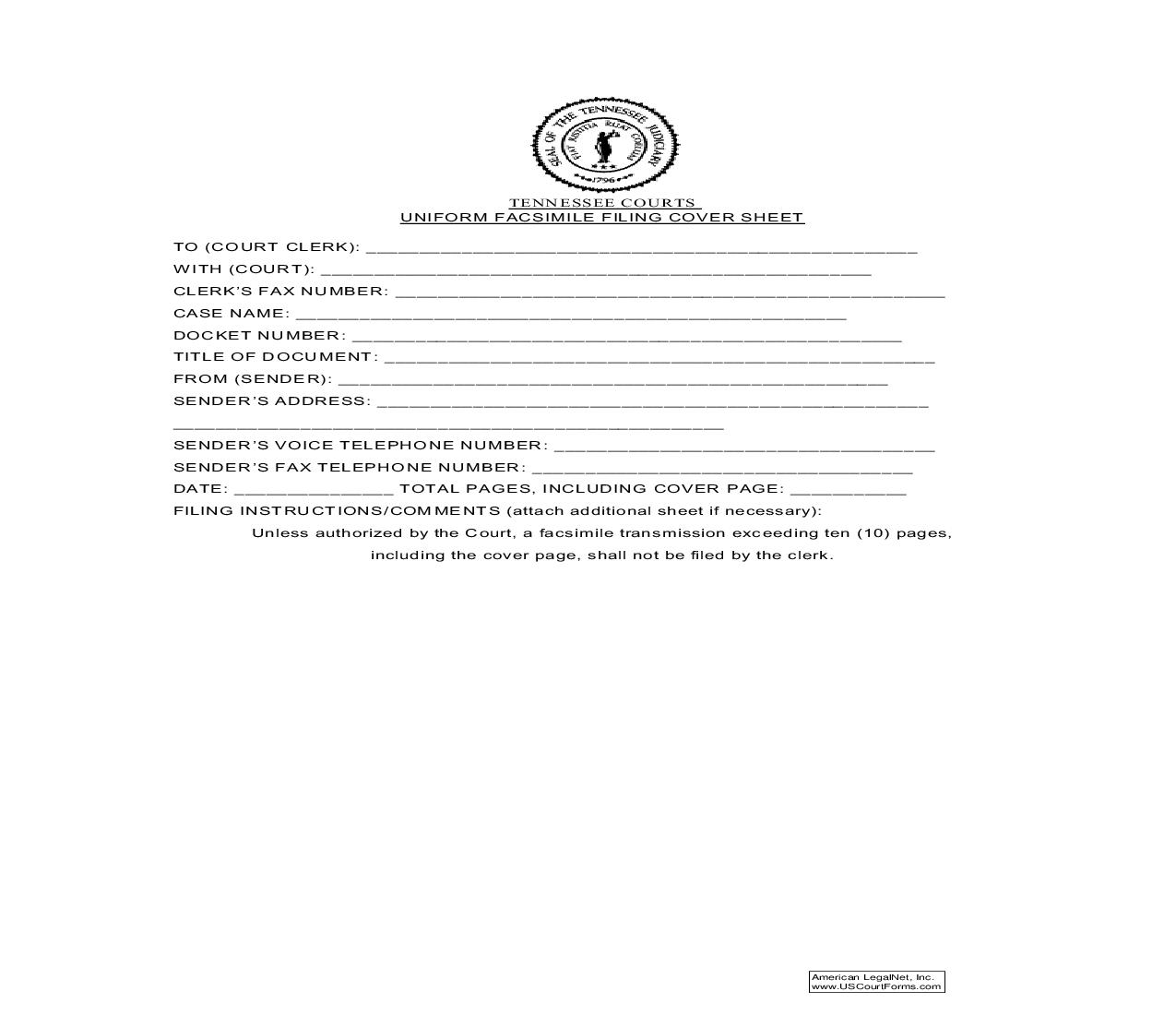 Uniform Fax Filing Cover Sheet | Pdf Fpdf Doc Docx | Tennessee