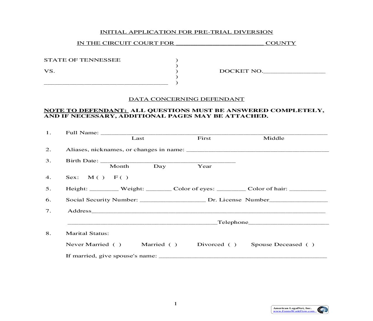 Uniform PreTrial Diversion Application | Pdf Fpdf Doc Docx | Tennessee