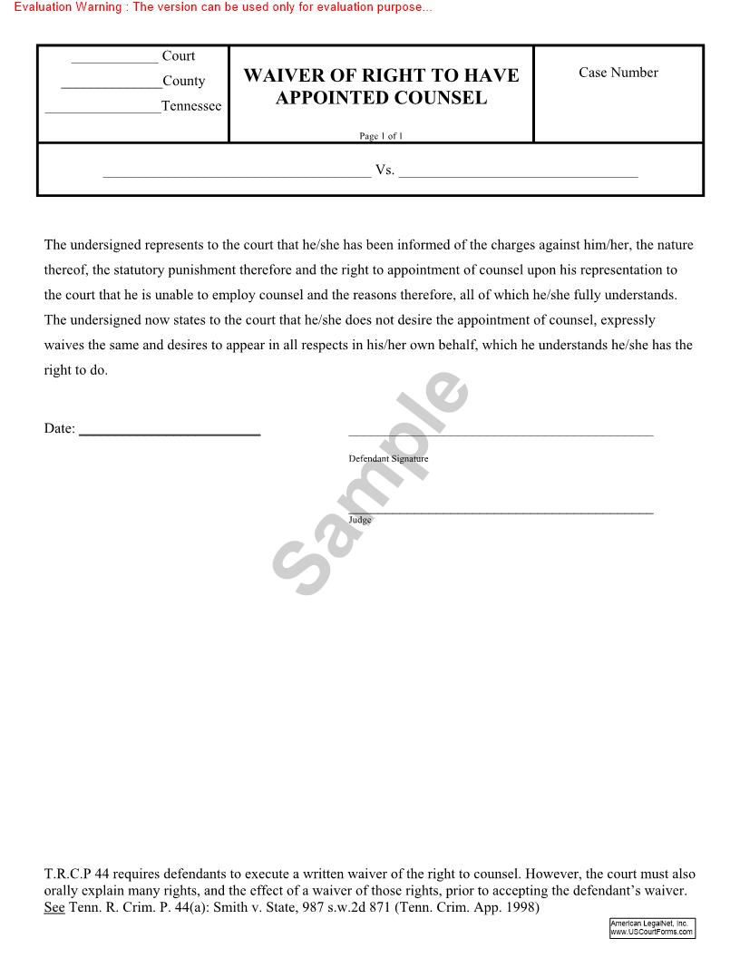 Waiver Of Right To Have Appointed Counsel | Pdf Fpdf Doc Docx | Tennessee