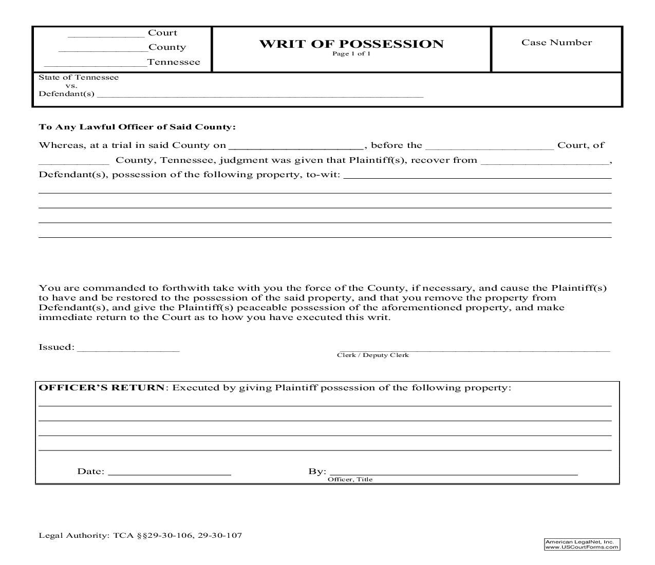 Writ Of Possession | Pdf Fpdf Doc Docx | Tennessee