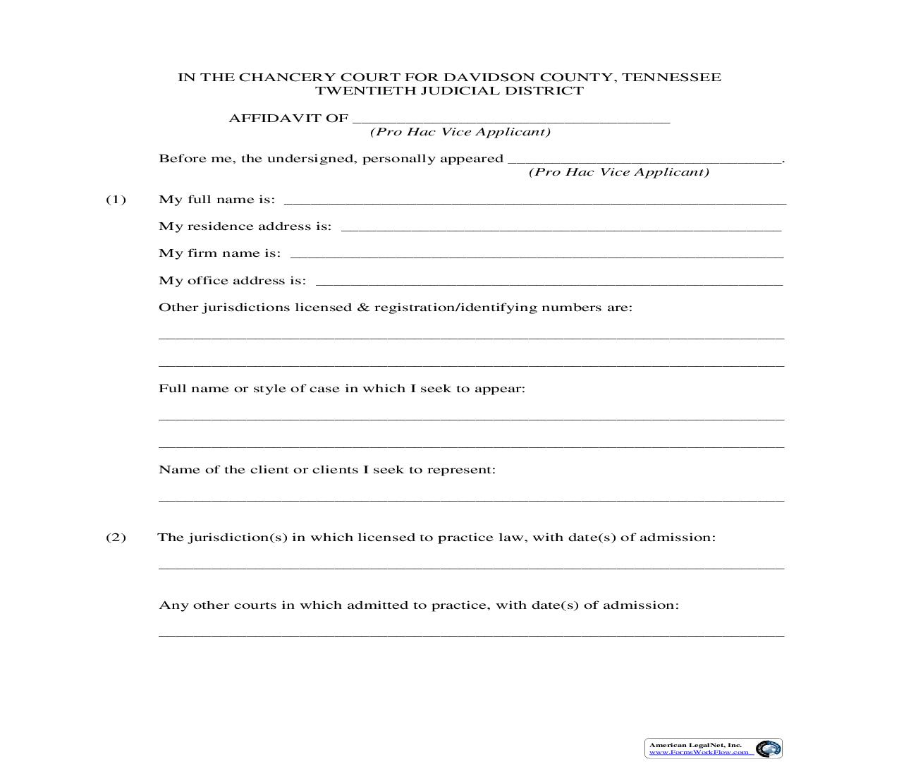 Affidavit Of Pro Hac Vice Applicant | Pdf Fpdf Doc Docx | Tennessee