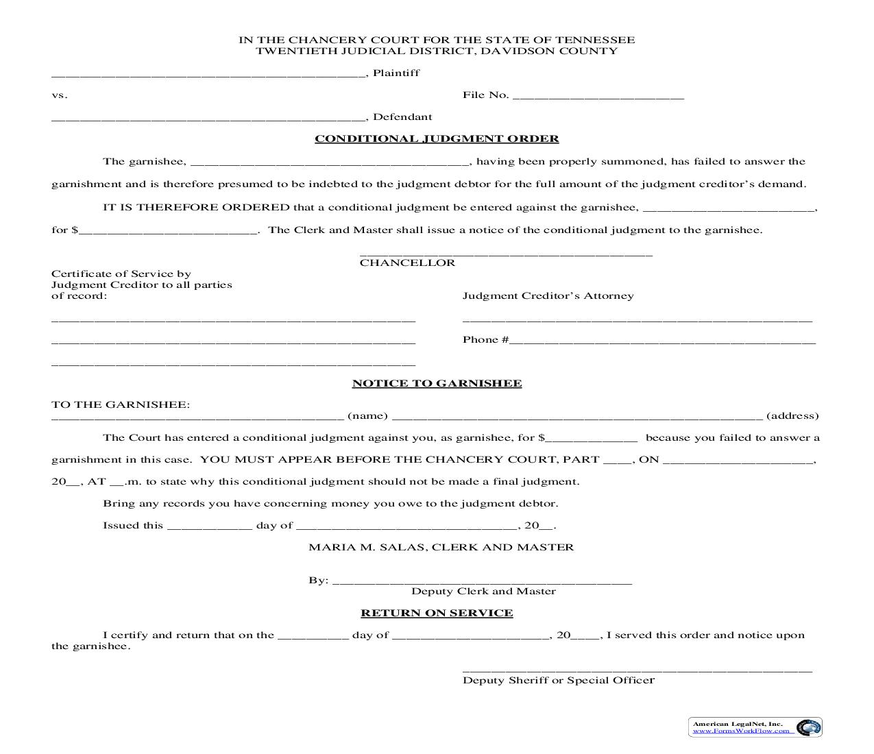 Conditional Judgment Order (Against Garnishee) And Notice To Garnishee | Pdf Fpdf Doc Docx | Tennessee