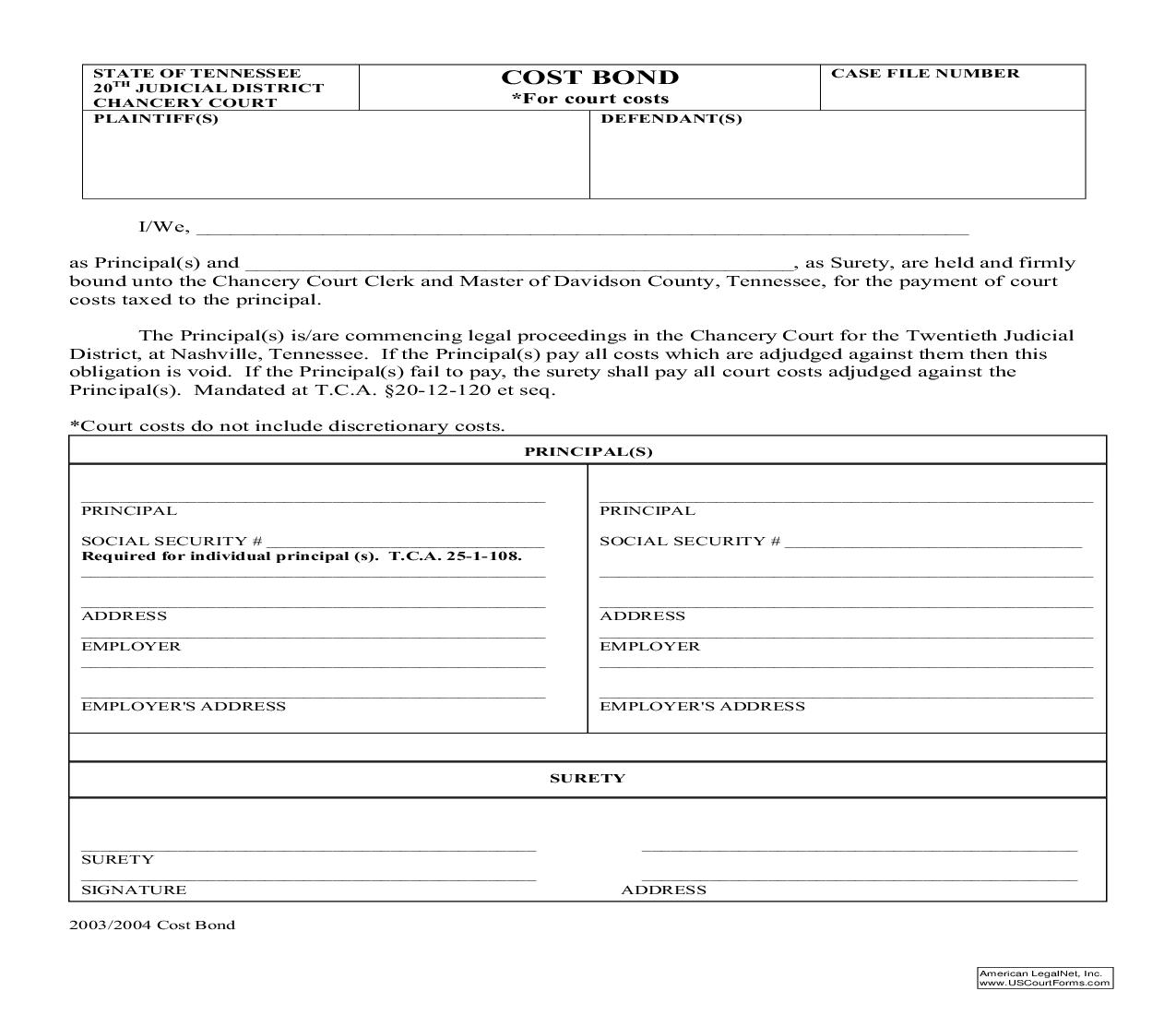 Cost Bond | Pdf Fpdf Doc Docx | Tennessee